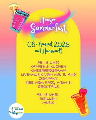 🍹🌊 Unser Hooge Sommerfest steht bald wieder an! Am 8. August 2026 ab 16 Uhr geht's los.

Kaffeeklatsch, Musik von der Band "Mr. B. And Company", Kinderprogramm, kühle Getränke und Grillen (Fleisch & Vegetarisch) stehen auf dem Programm😋

Kommt gern vorbei