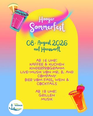 🍹🌊 Unser Hooge Sommerfest steht bald wieder an! Am 8. August 2026 ab 16 Uhr geht's los.

Kaffeeklatsch, Musik von der Band "Mr. B. And Company", Kinderprogramm, kühle Getränke und Grillen (Fleisch & Vegetarisch) stehen auf dem Programm😋

Kommt gern vorbei