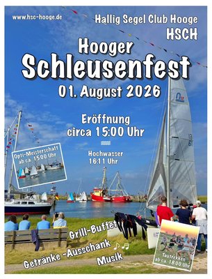 ⛵Am 01.08.26 ist es wieder soweit! Das Hooger Schleusenfest findet wieder statt. Los geht's um 15 Uhr am Seglerhafen🌊 

Auf dem Programm steht die Opti-Meisterschaft, Tautrekken, ein Grill-Buffet und Musik. Auch für Getränke ist gesorgt.

Organisator: Hal