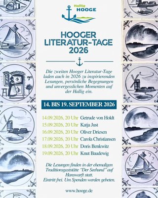 📚 Unsere 2. Hooger Literatur-Tage stehen wieder an! Vom 14. bis 19. September 2026 wird es täglich jeweils immer um 20 Uhr eine Autorenlesung geben.

🏠 Wo? In der ehemaligen Gaststätte "Seehund" in Hanswarft 8, 25859 Hallig Hooge statt.

📜 Das Programm:
M
